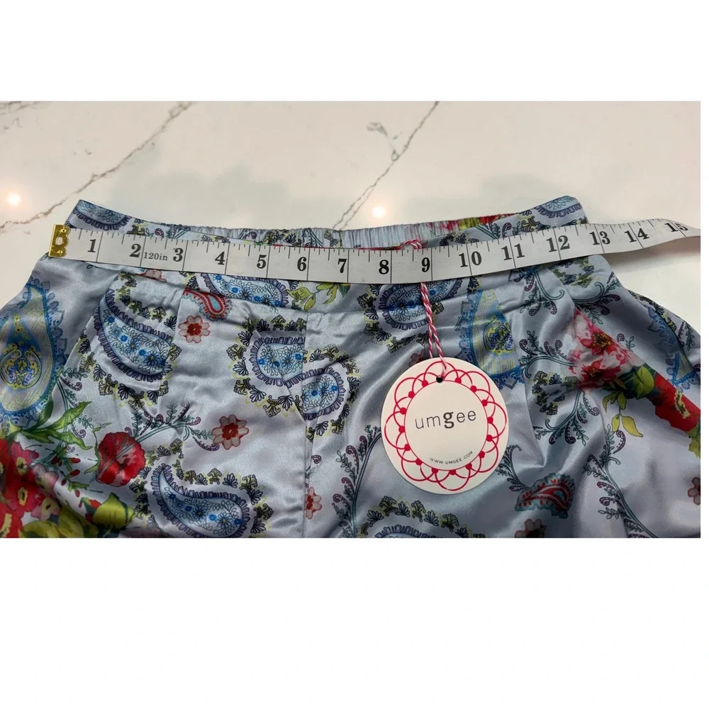 Umgee USA Womens Floral Paisley Satin Shorts Light Blue High Waist Small